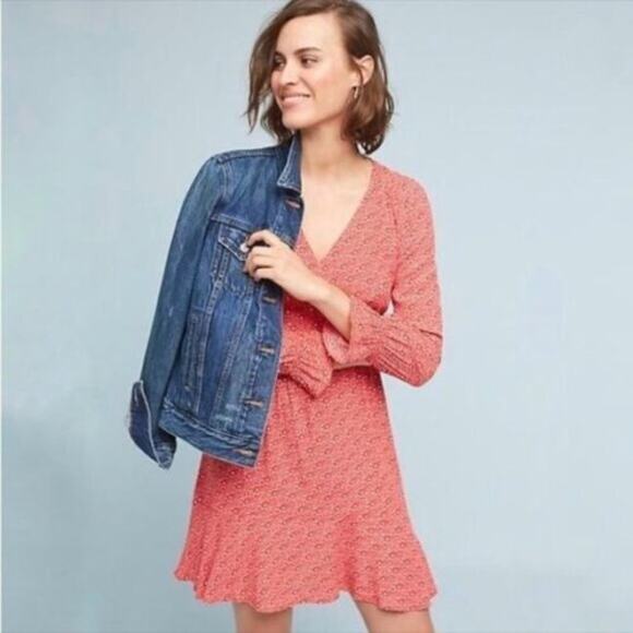 Anthropologie Maeve Monaco Red V-Neck Printed Dress Size Small - Picture 1 of 7
